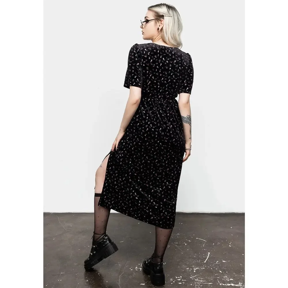 NWT Disturbia Woe Floral Midi Dress Velvet Womens 4 Black Square Neck Whimsigoth - Picture 12 of 12